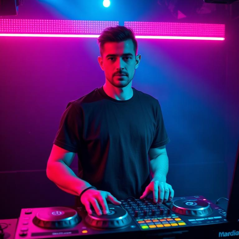 DJ Marco Mani behind the decks lit by cyan and magenta neon