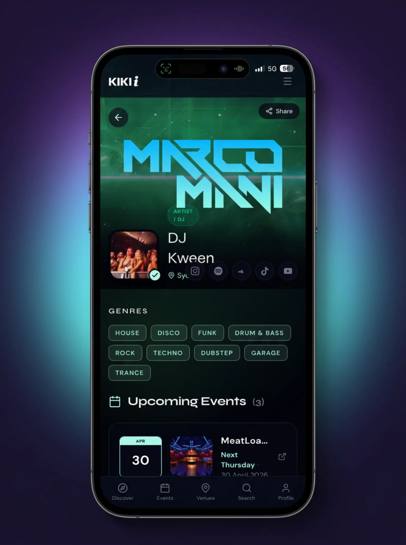 KIKII artist press kit page shown on a smartphone, optimised for mobile viewing and editing